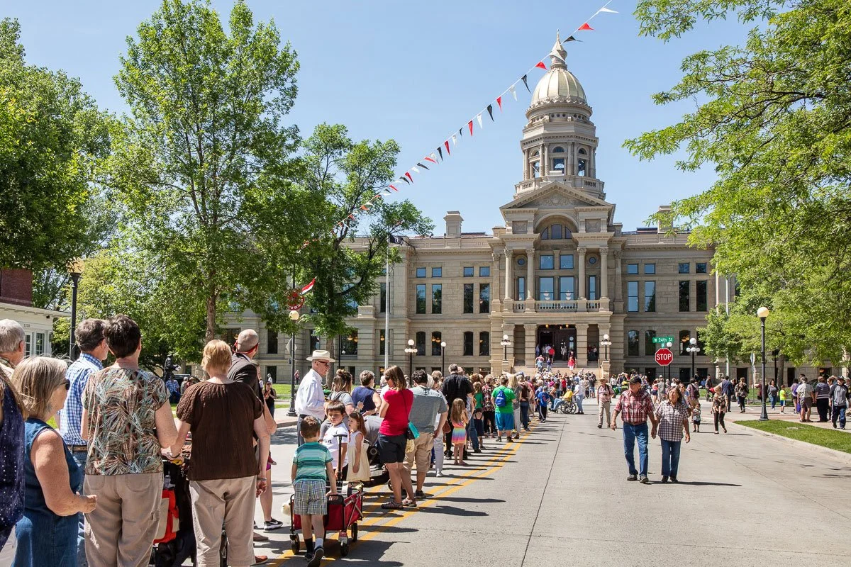 People line up to see the new Capitol renovations at the Wyoming State Capitol in Cheyenne.