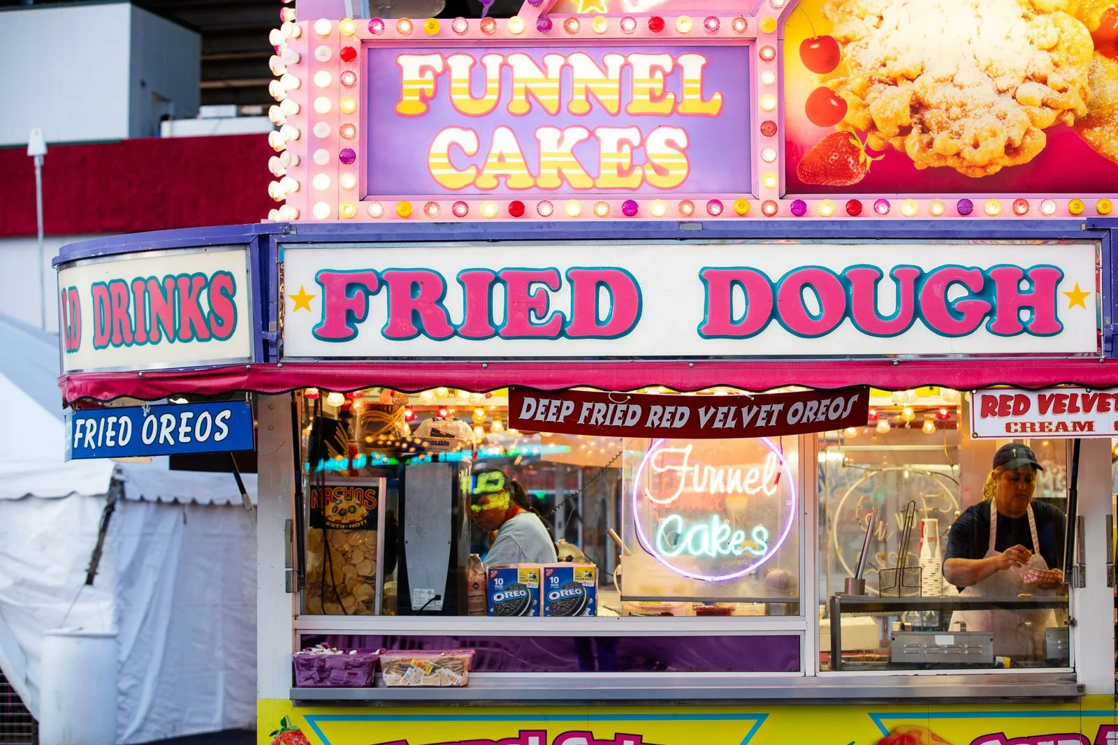 Carnival food, funnel Cakes, and fried Oreos at the Cheyenne Frontier Days Midway and Carnival in Cheyenne, Wyoming.