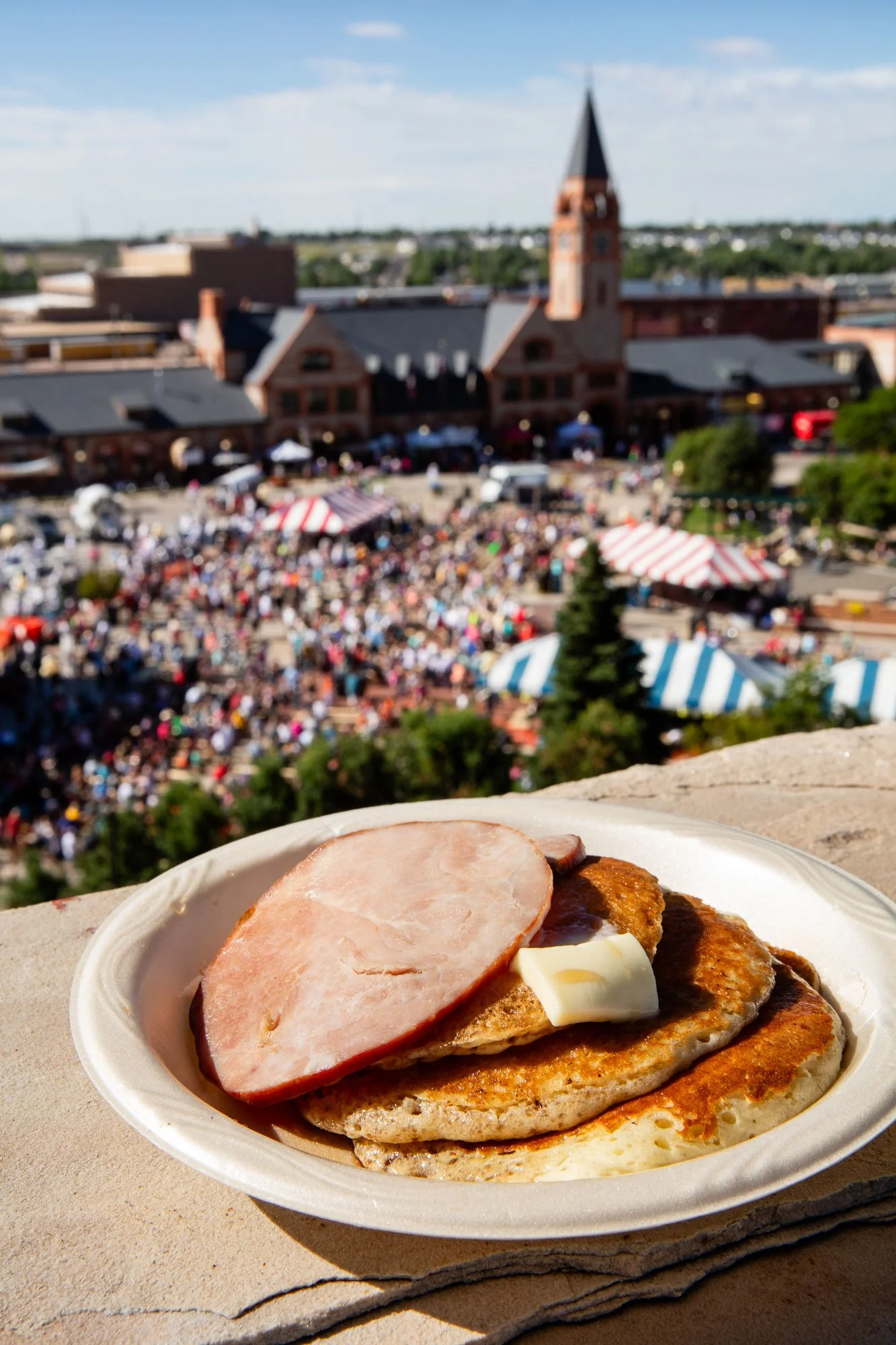 Pancakes at the Cheyenne Frontier Days Pancake Breakfast in downtown Cheyenne, Wyoming.