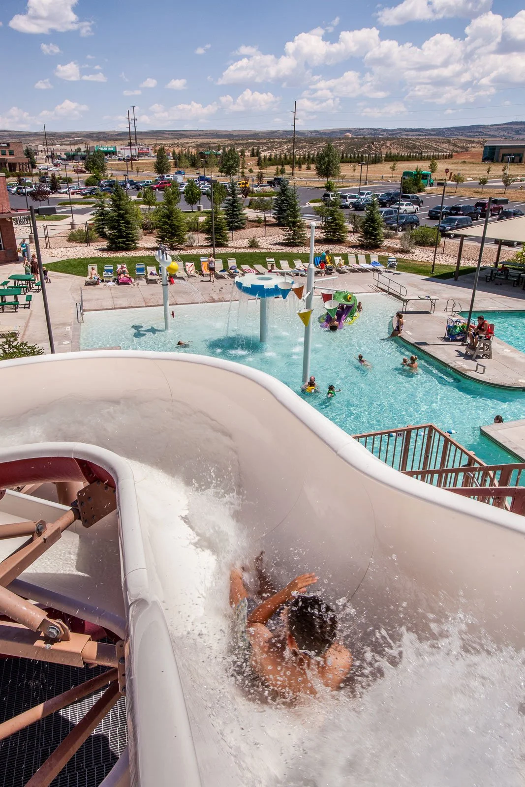 Swimming pool and water slide at the Laramie Community Recreation Center in Laramie, Wyoming.