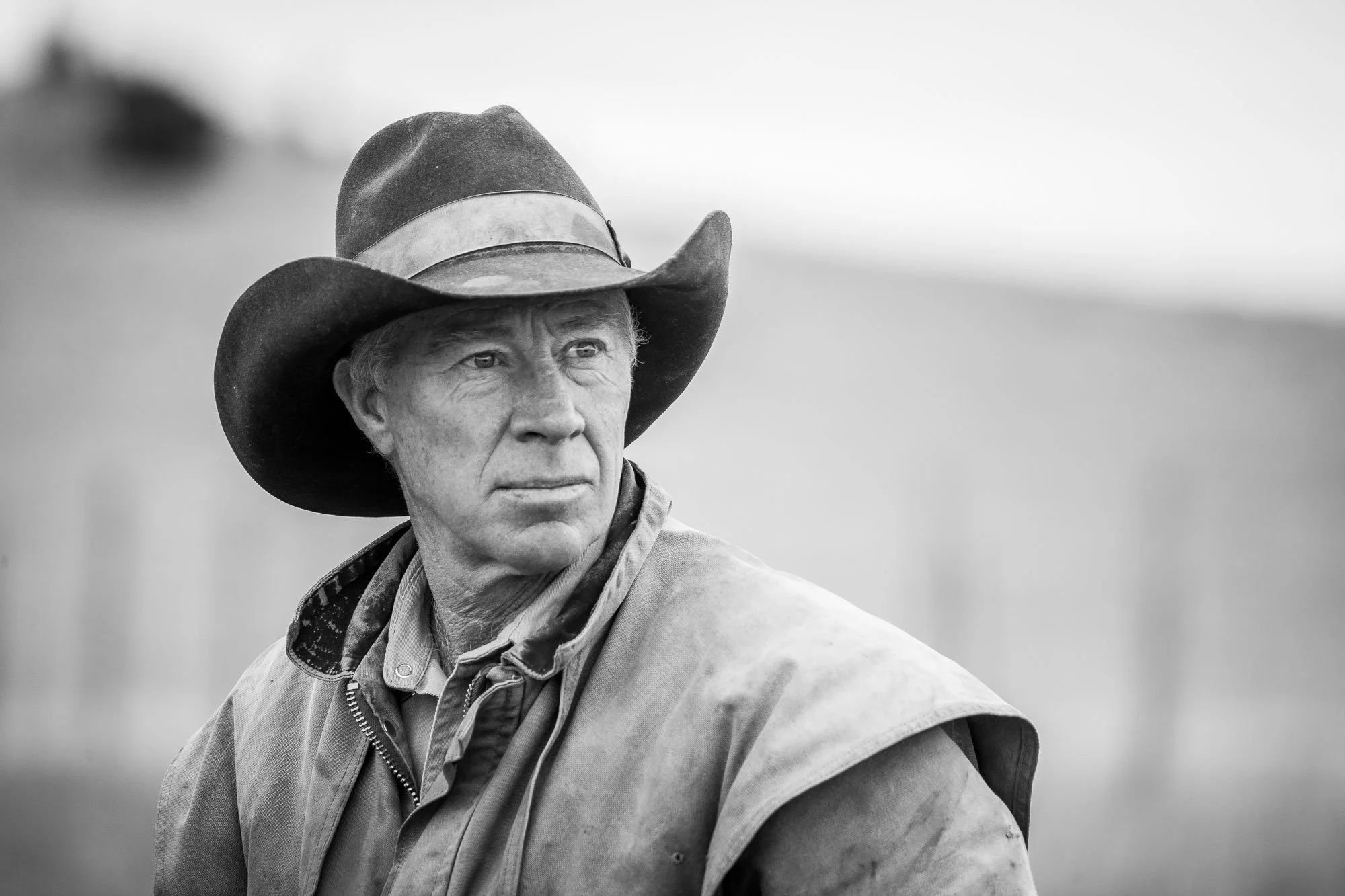 Black and white cowboy portrait at a ranch near Pine Bluffs, in southeastern Wyoming.