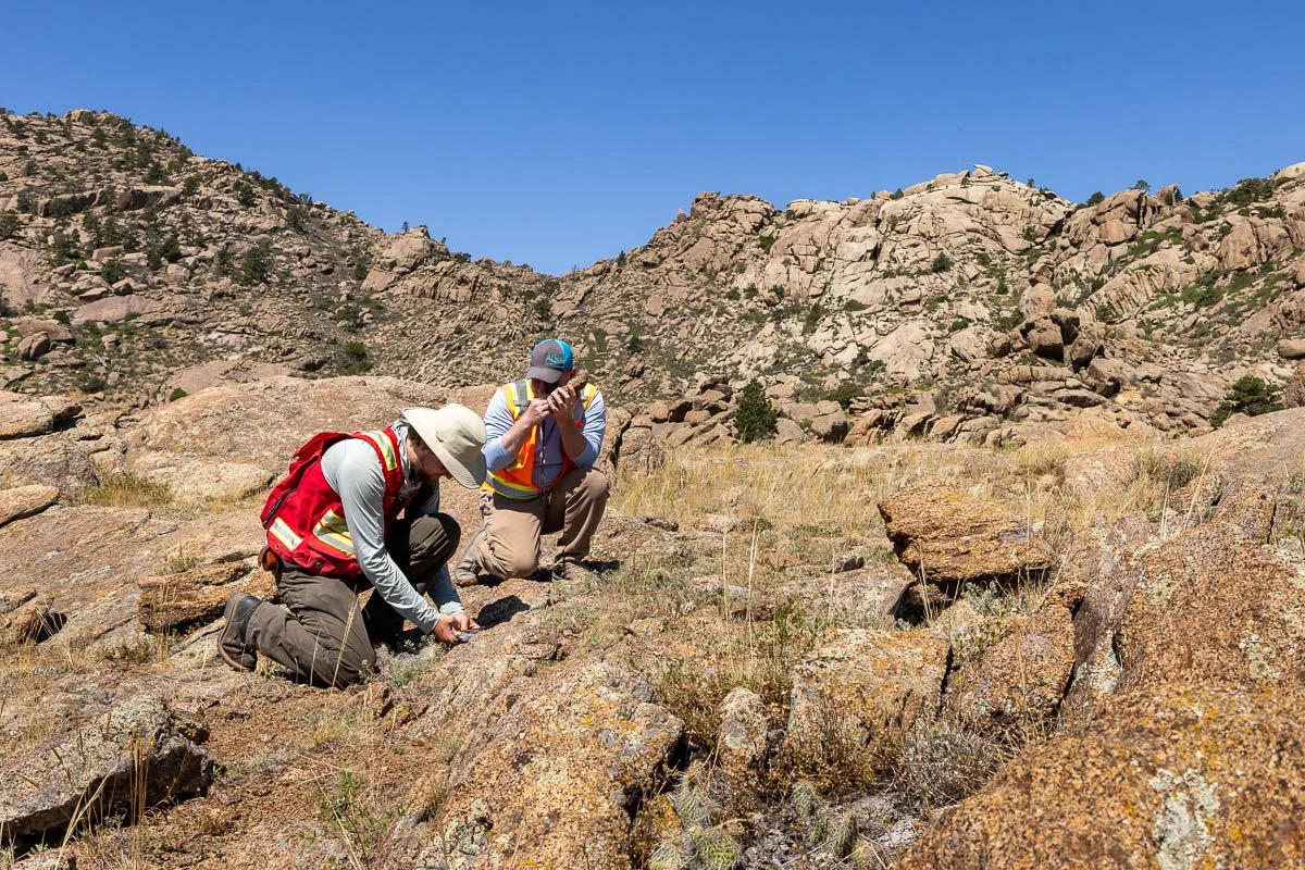 Geologists look for mineral deposits in rocks at a Rare Earths mine in Wyoming.