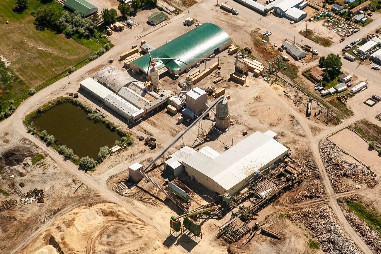 Aerial photography of the Saratoga Saw Mill in Saratoga, Wyoming, in 2015.