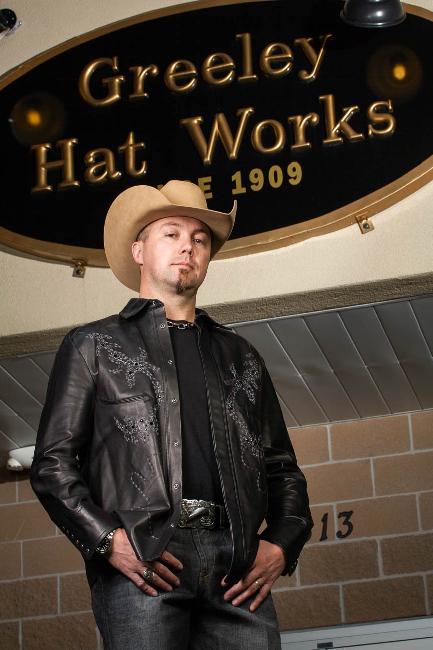 Business portrait for marketing and branding for Greeley Hat Works in Greeley, Colorado.