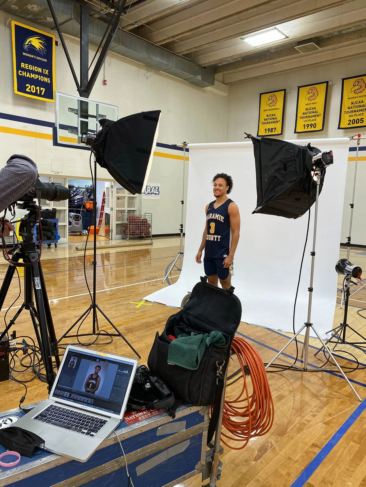 Behind the scenes of a sports portrait shoot, including individual portraits of the men's basketball team for Laramie County Community College in Cheyenne, Wyoming.