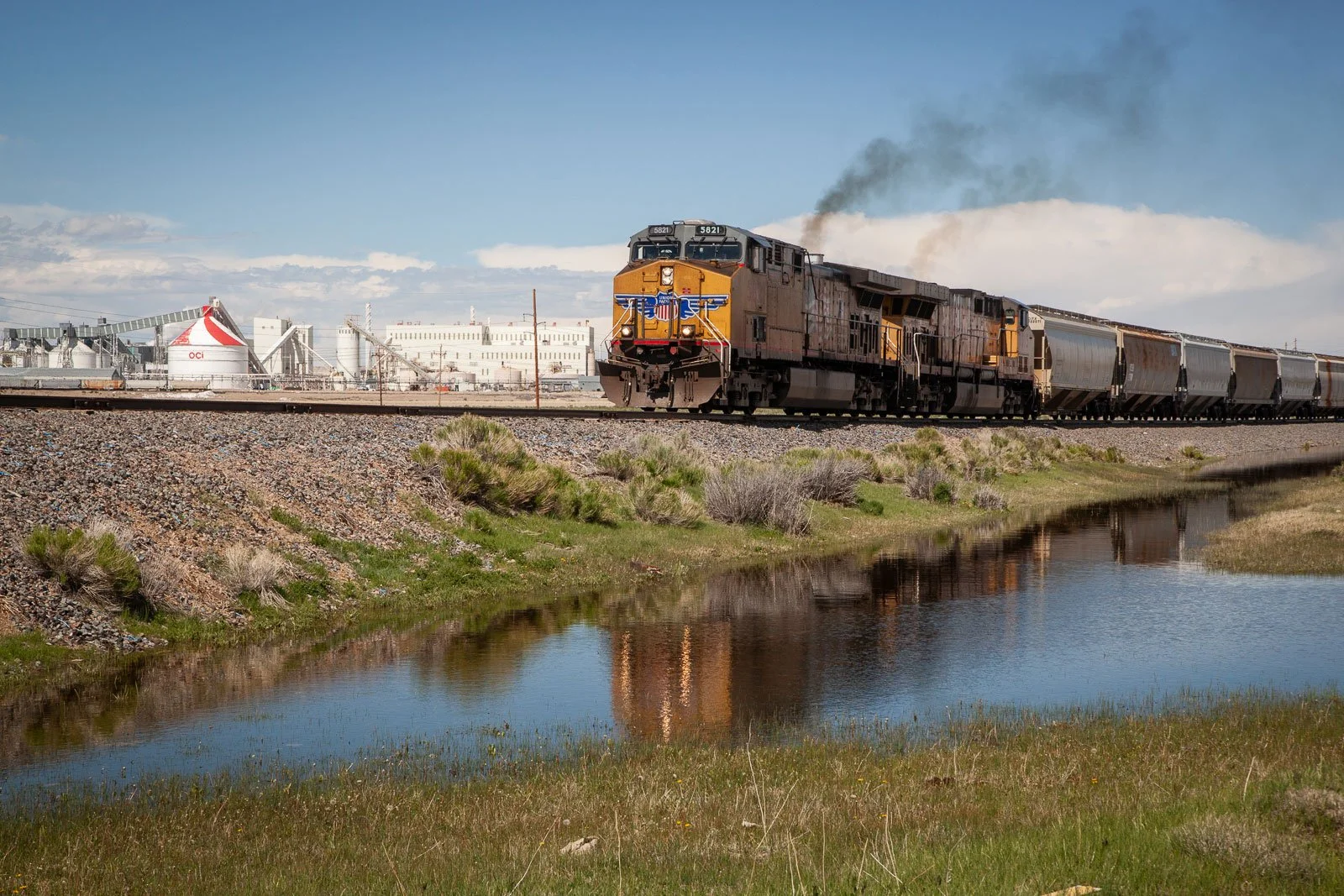 Train and railroad at a Trona Mine near Green River, Wyoming.