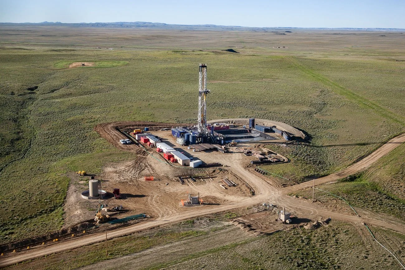 Aerial photography including a gas and oil drilling rig in central Wyoming. Image used by Encana for marketing use.