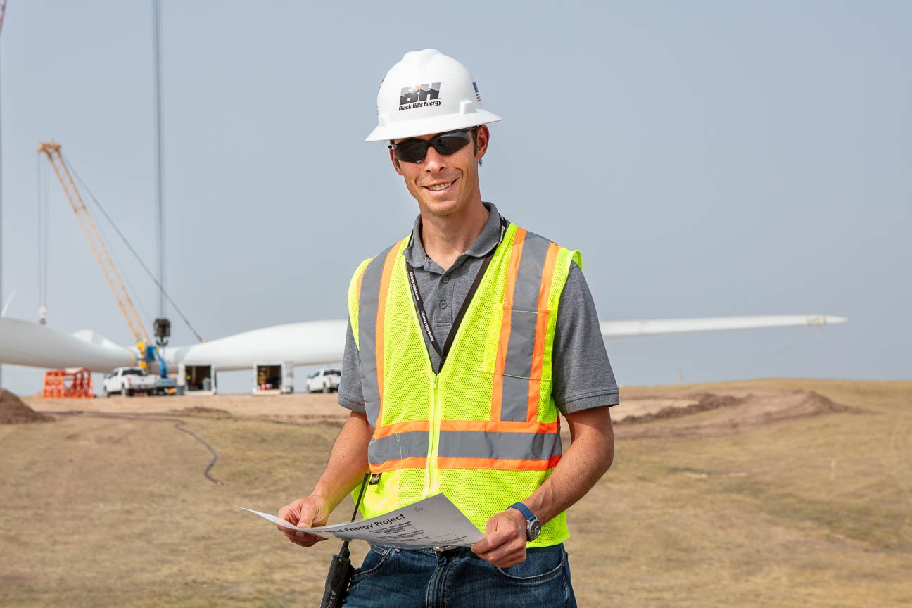 Industrial portrait created on a wind farm for Black Hills Corporation. Image created for marketing use.