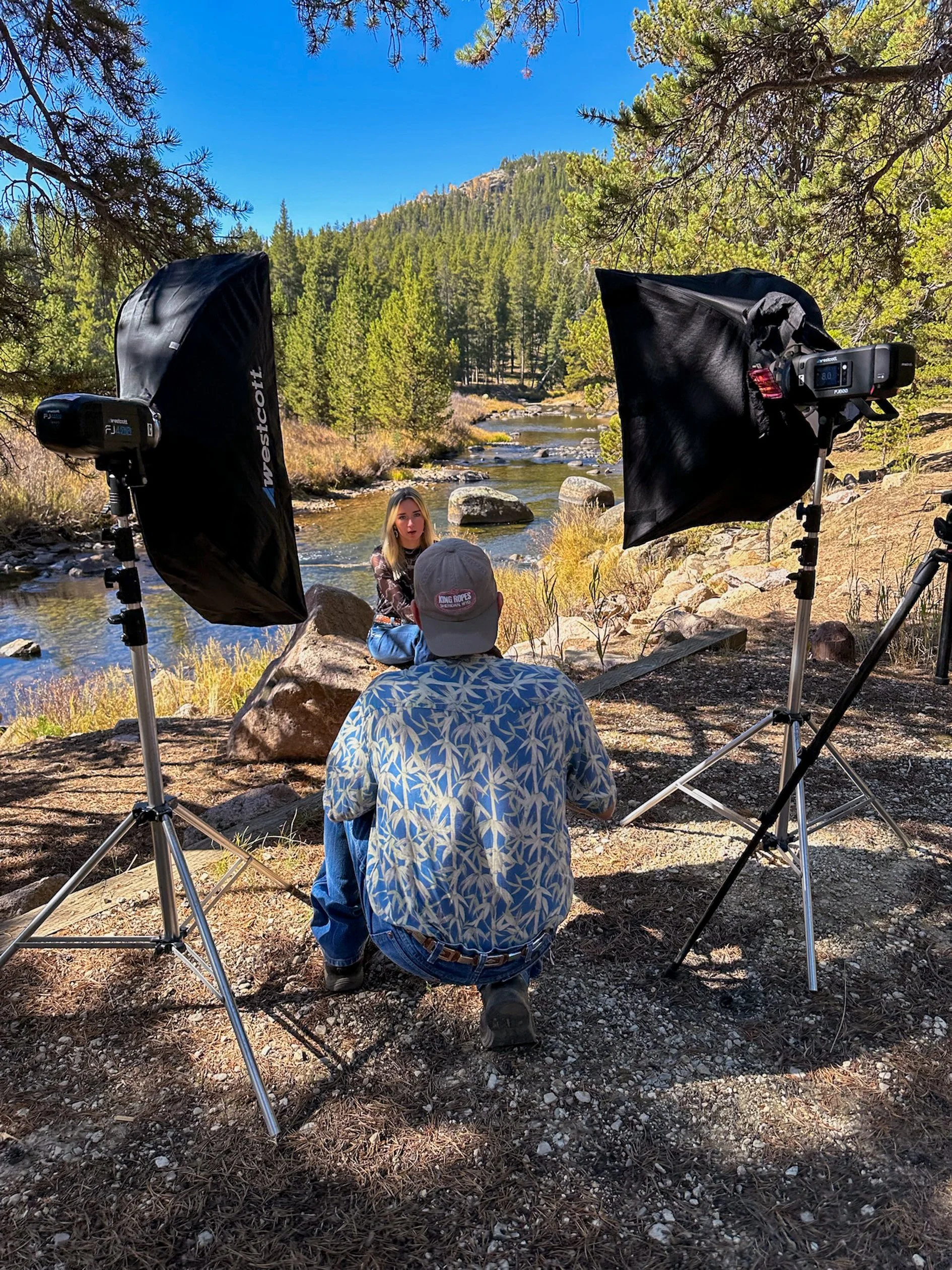 Photo shoot setup for senior portraits on location in the Big Horn Mountains of Wyoming.