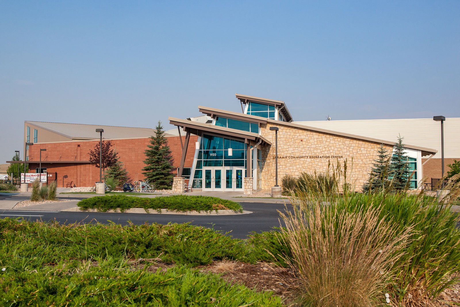 Exterior photography of the Laramie Community Recreation Center in Laramie, Wyoming.