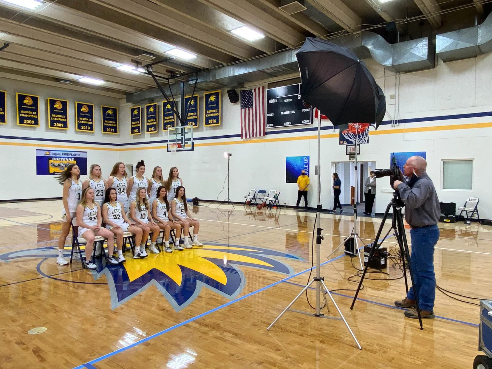 Behind the scenes of a sports portrait shoot, including team portraits of the women's basketball team for Laramie County Community College in Cheyenne, Wyoming.
