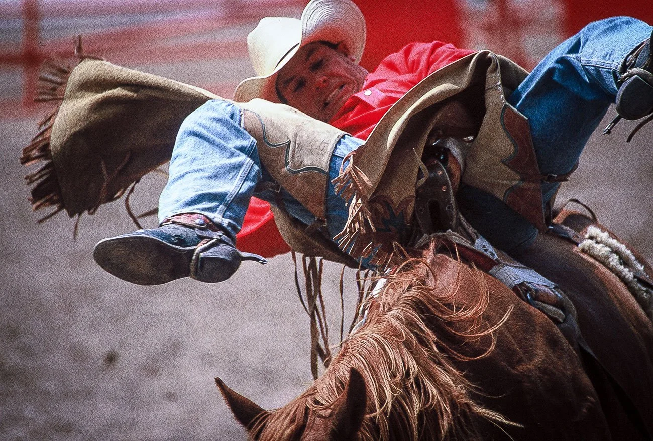 Close-up of a bareback rider at the Cheyenne Frontier Days Rodeo 