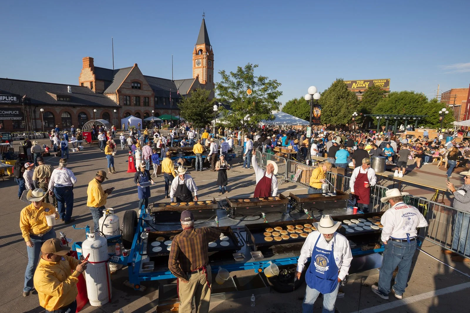 Pancakes fly at a breakfast in downtown Cheyenne, Wyoming, during Cheyenne Frontier Days.
