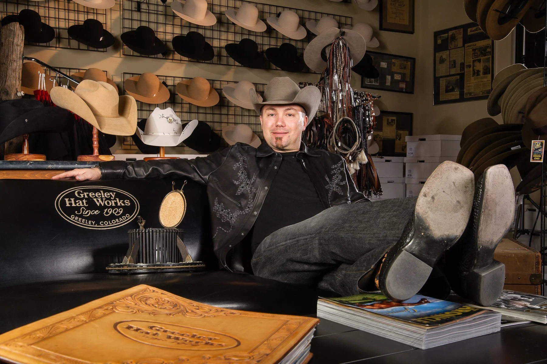 Portrait for marketing, including a cowboy hat maker at Greeley Hat Works.