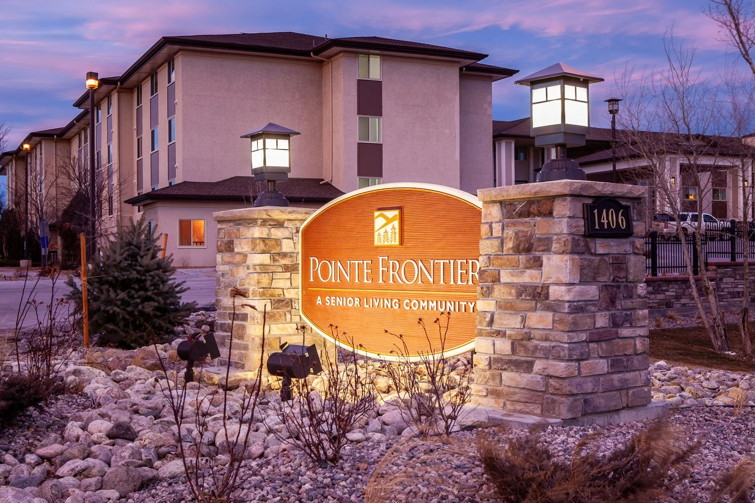 Senior Living Community marketing photography. Exterior at dusk created for Pointe Frontier in Cheyenne, Wyoming.