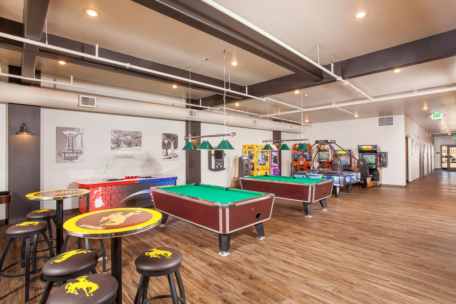 Pool tables and game area at the House of Pinz Bowling Alley in Douglas, Wyoming.