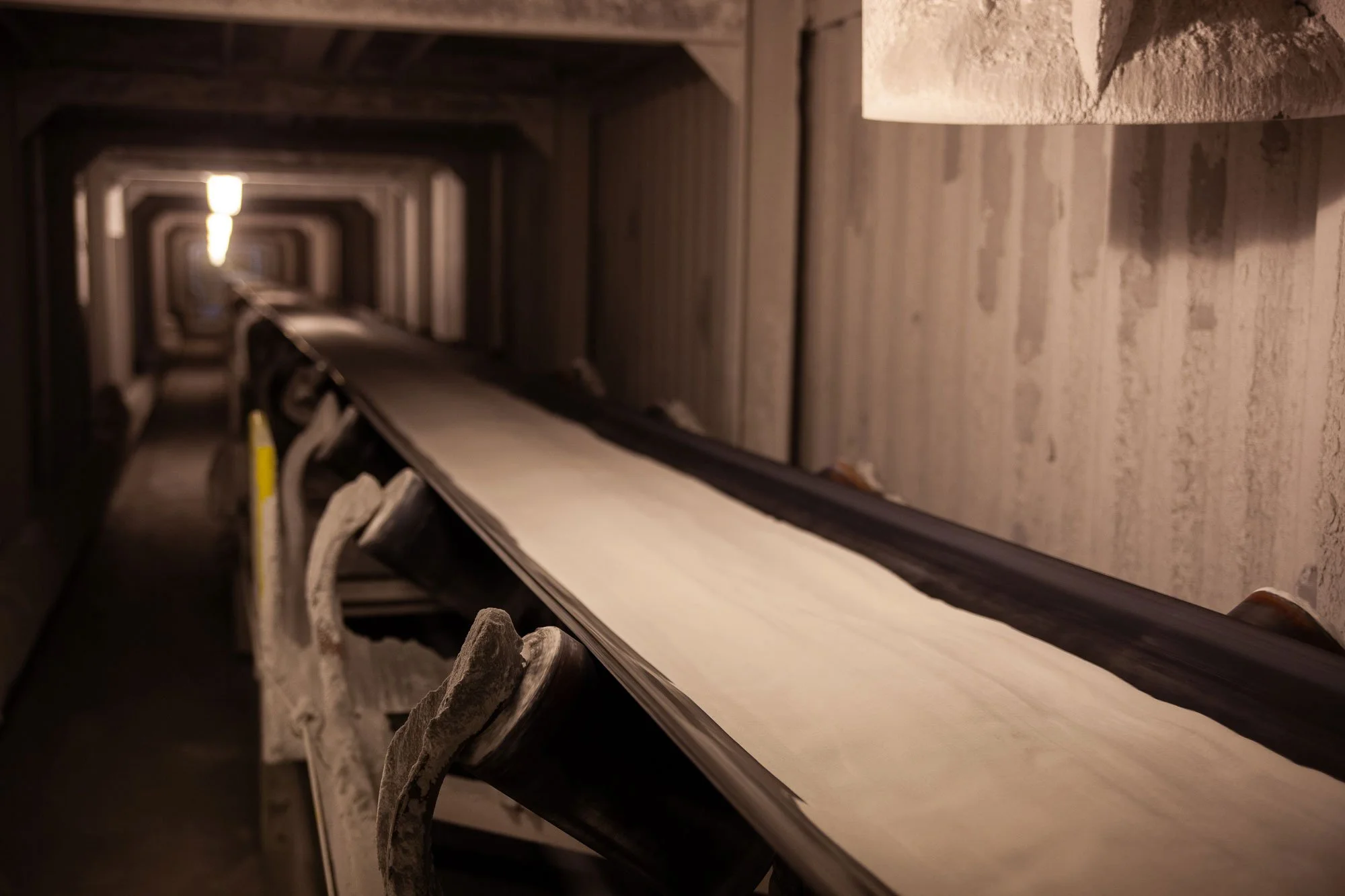Soda Ash on a conveyor belt in a trona mine near Green River, Wyoming.