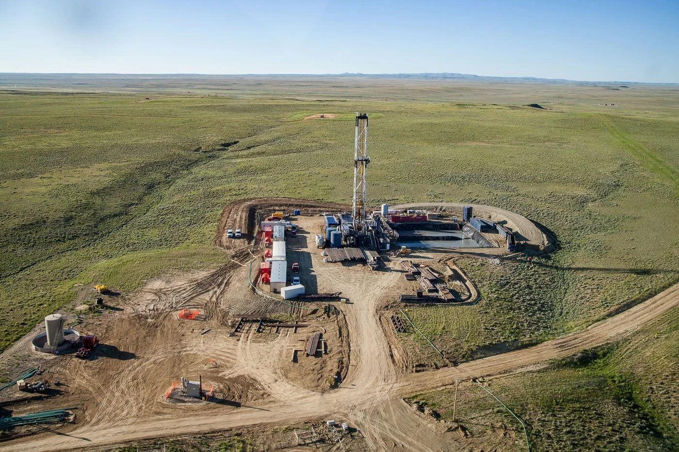 Oil and gas drilling rig aerial near Lysite, Wyoming.