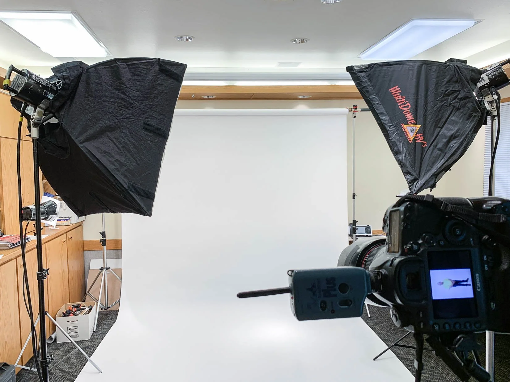 A portrait setup on location for full-body physician portraits at Premier Bone and Joint in Laramie, Wyoming.