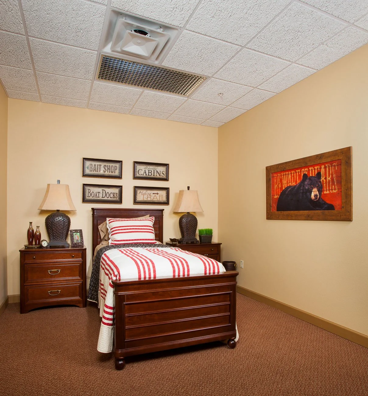 Senior Living Community marketing photography, including a bedroom, interior created for Life Care Center in Cheyenne, Wyoming.