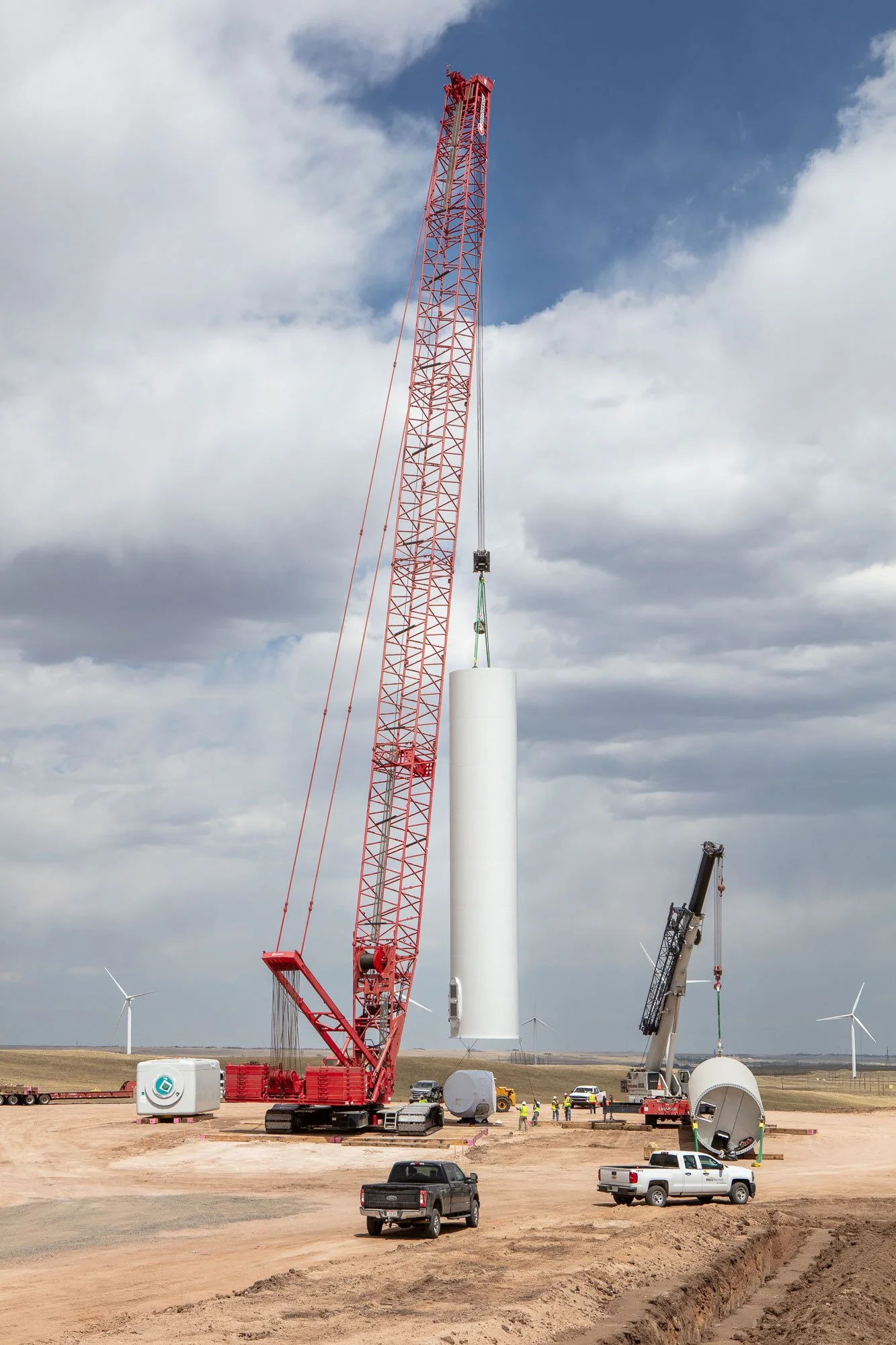Crane work installing a tower on a windmill at the Black Hills Corporation Corriedale Wind Farm near Cheyenne, Wyoming.