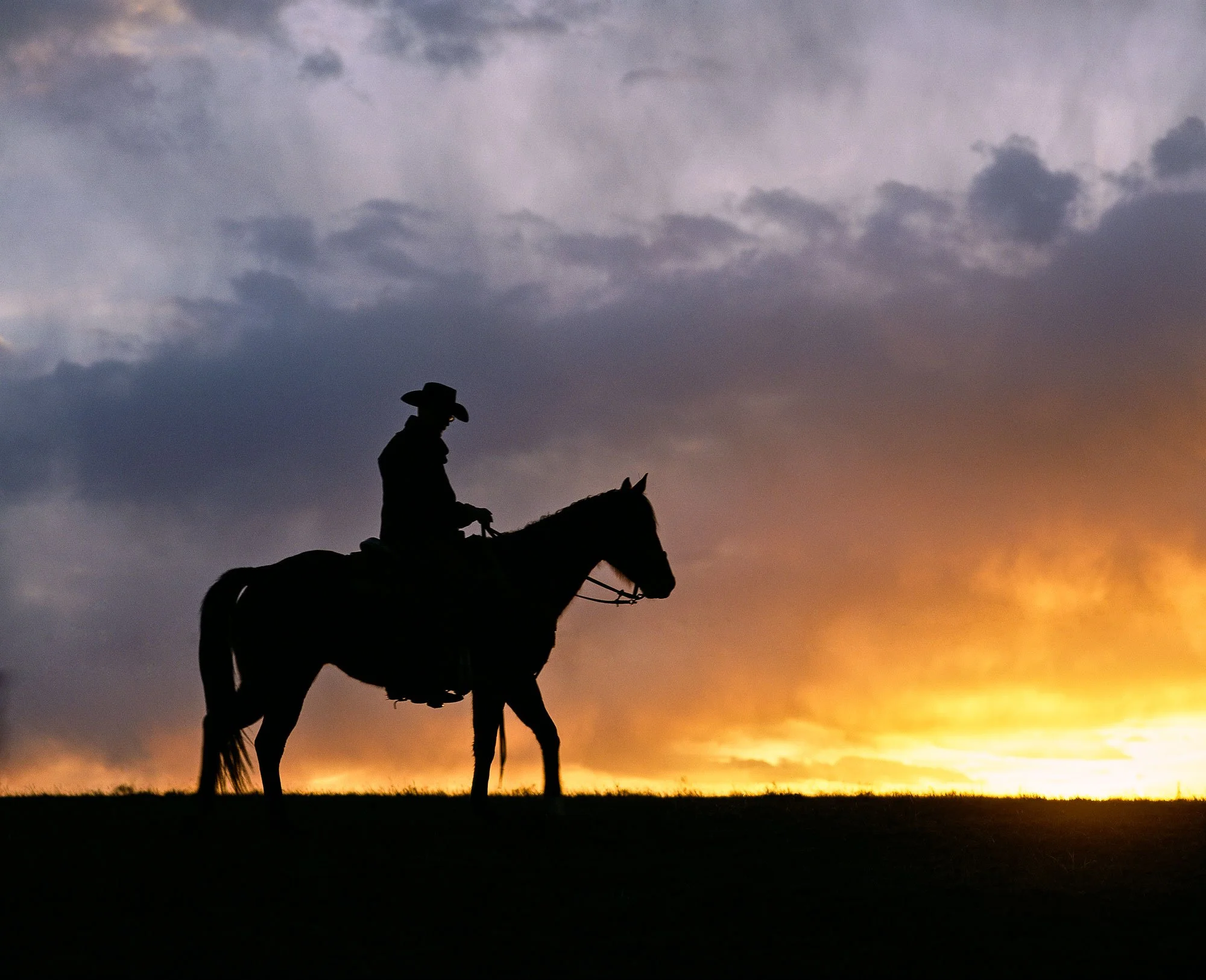 Cowboy on horseback silhouette riding into the sunset.