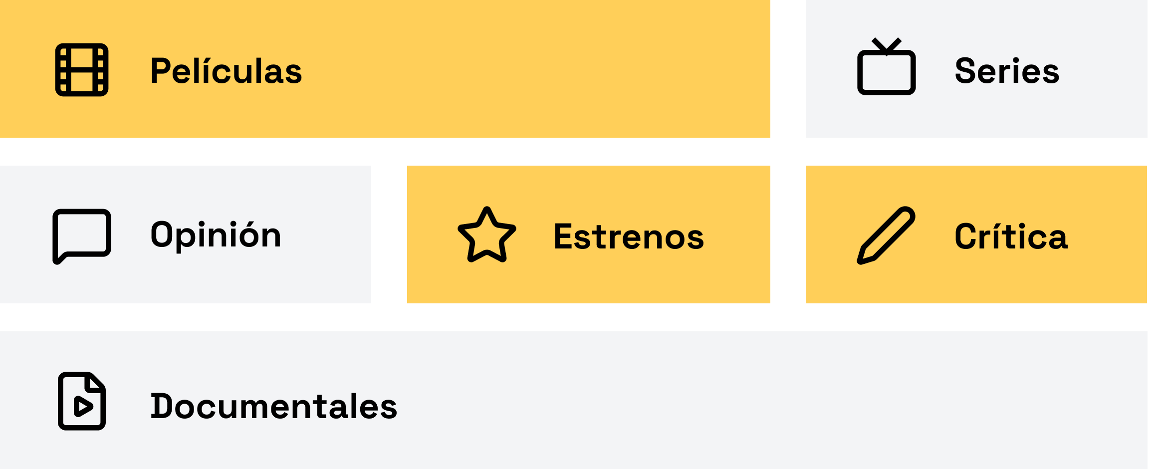 Pantalla de una aplicación de streaming con categorías de películas como Películas, Series, Opinión, Estrenos y Crítica, además de Documentales.