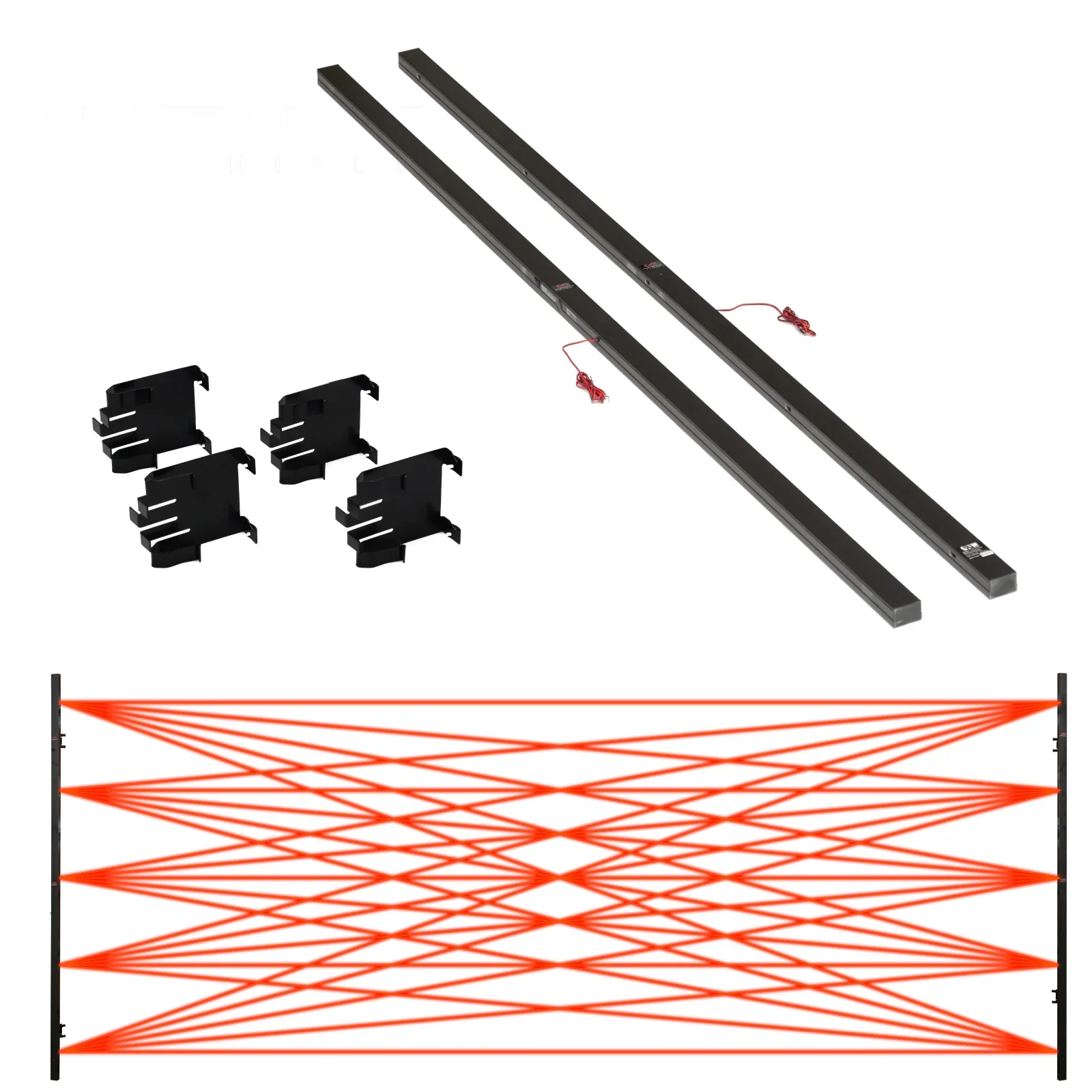 Laser light show apparatus with black metal bars, mounting brackets, and red laser beams projected onto a wall, forming a complex pattern.