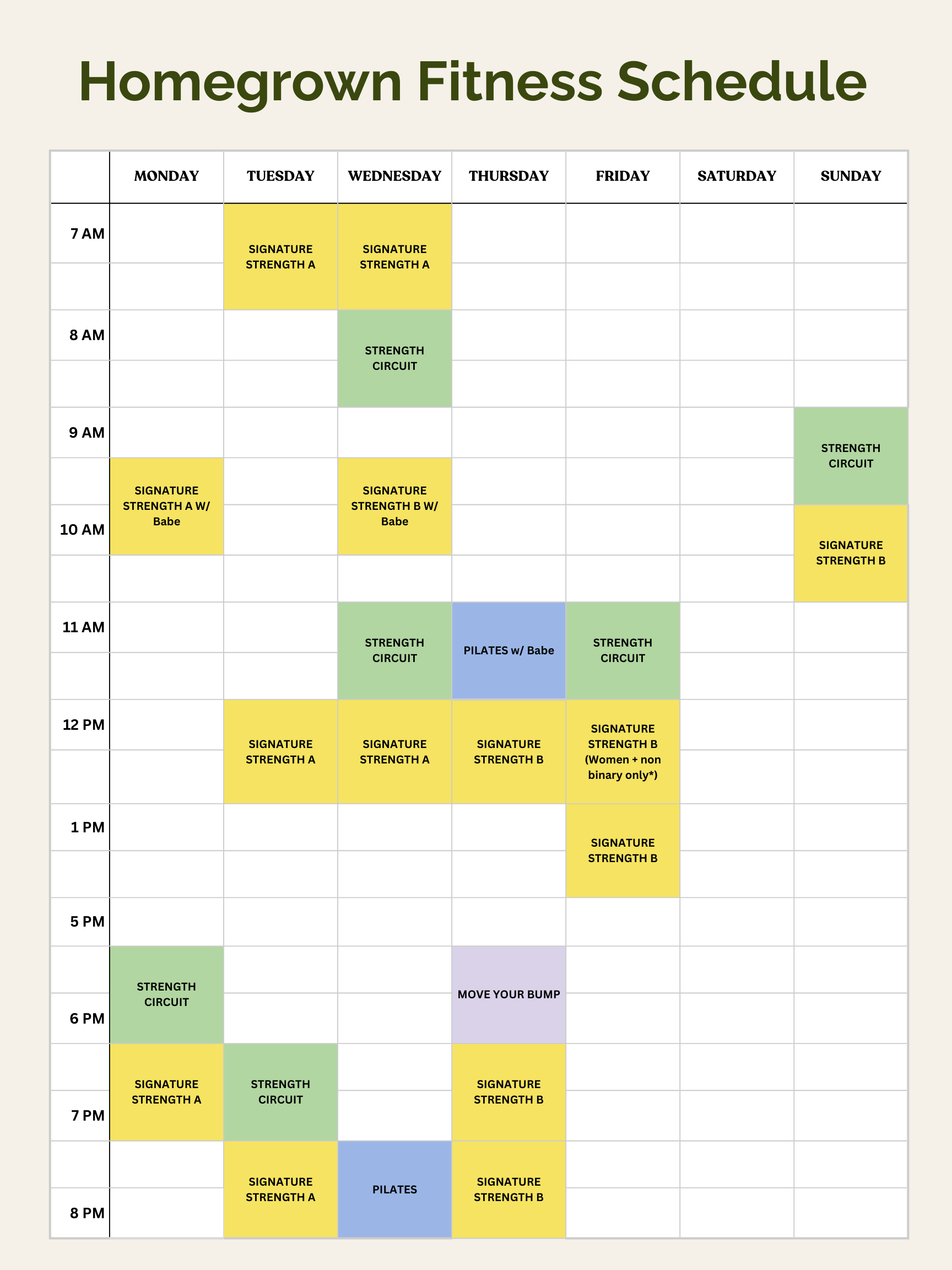 A weekly fitness schedule grid with classes like Signature Strength A, B, and Circuit, Pilates, and Women's plus non-binary strength, organized by days and times.