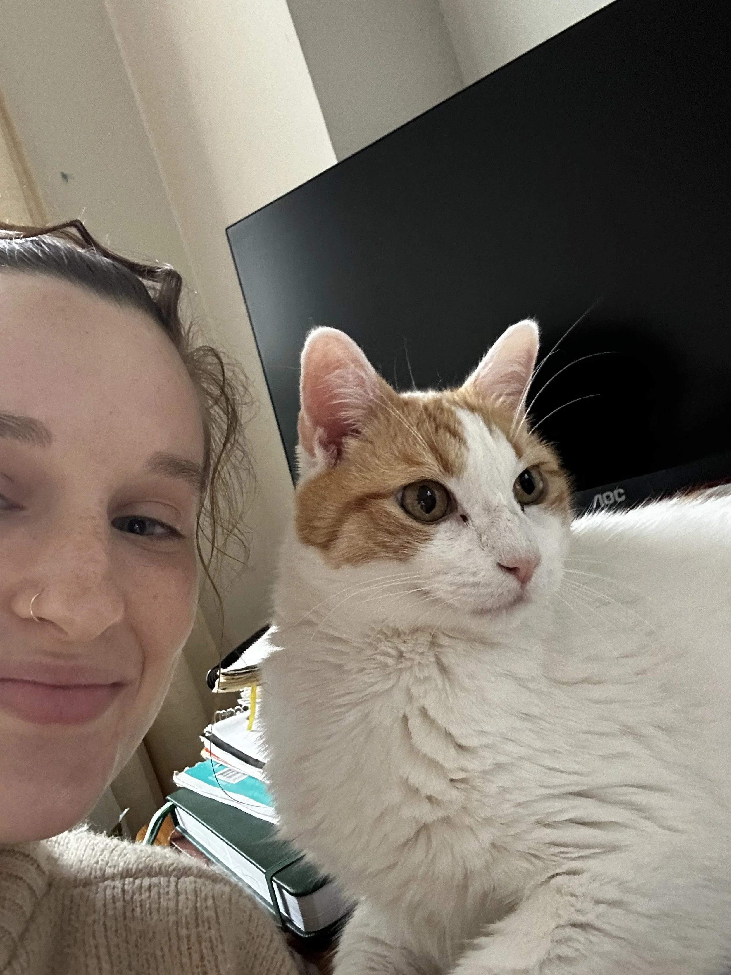 A young woman with light skin and dark hair, partially visible, taking a selfie with a white and orange tabby cat sitting beside her, on a desk with books and a computer monitor in the background.