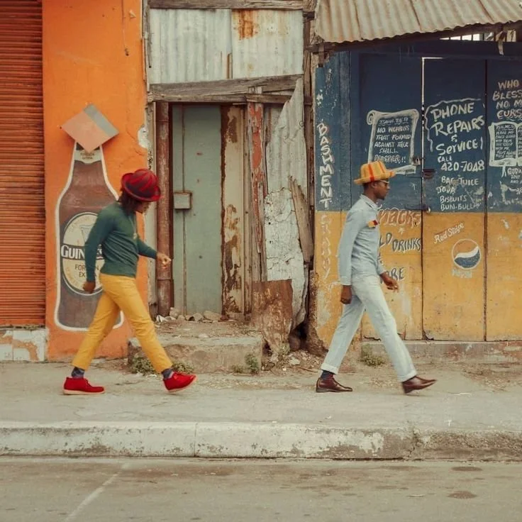 Two individuals walk on a street sidewalk in front of colorful, weathered buildings with advertising signs, one wearing a red hat and yellow pants, the other wearing a straw hat and light denim.