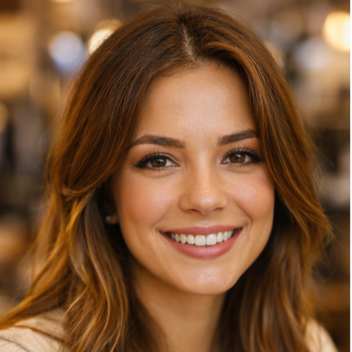 Close-up of a smiling young woman with long, wavy red hair in a warmly lit indoor setting.
