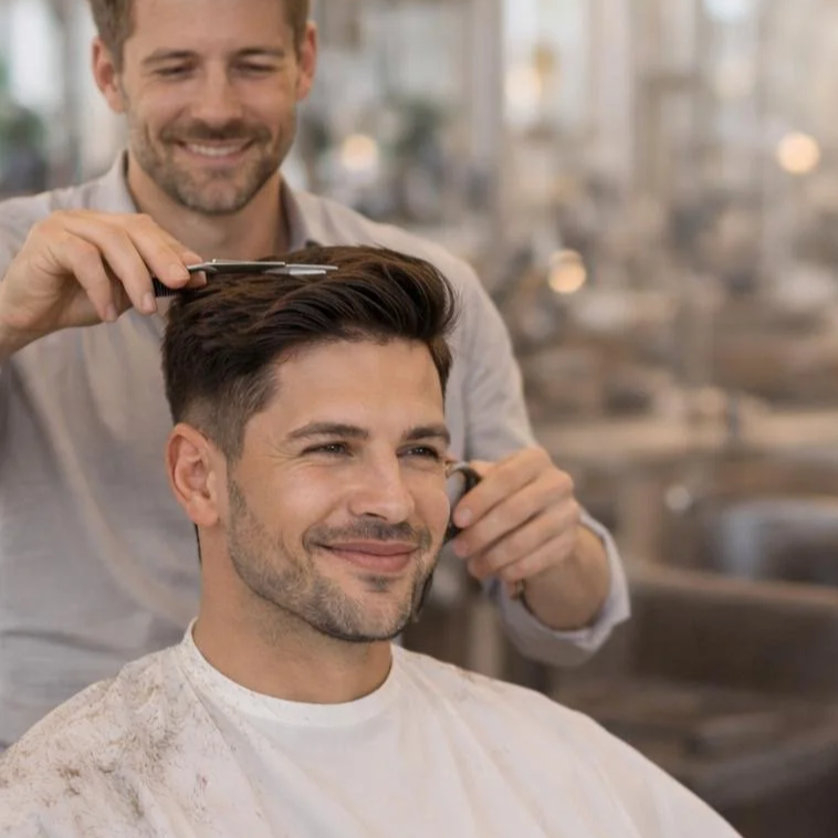 A man getting a haircut at a barber shop, smiling while looking in the mirror.