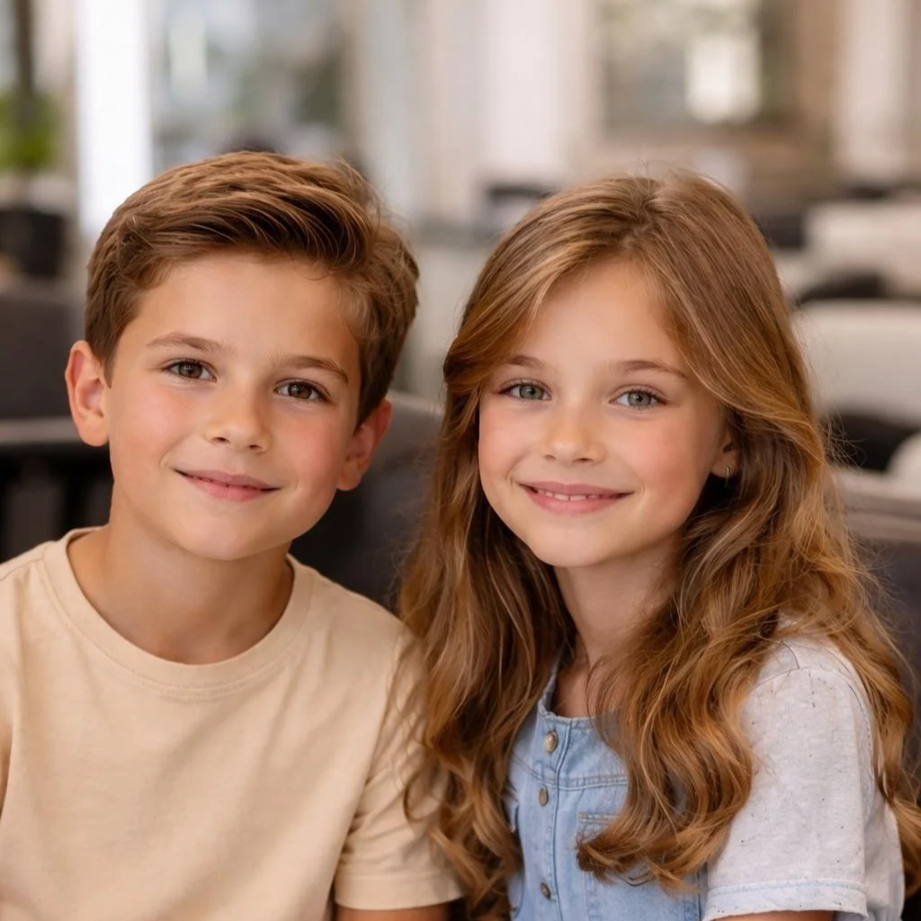 A young boy and girl sitting close together, smiling at the camera in an indoor setting.
