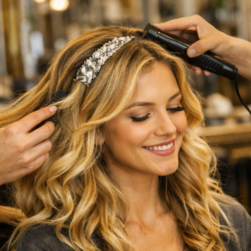 Woman with blonde hair getting her hair styled with a curling iron and a decorative headband.