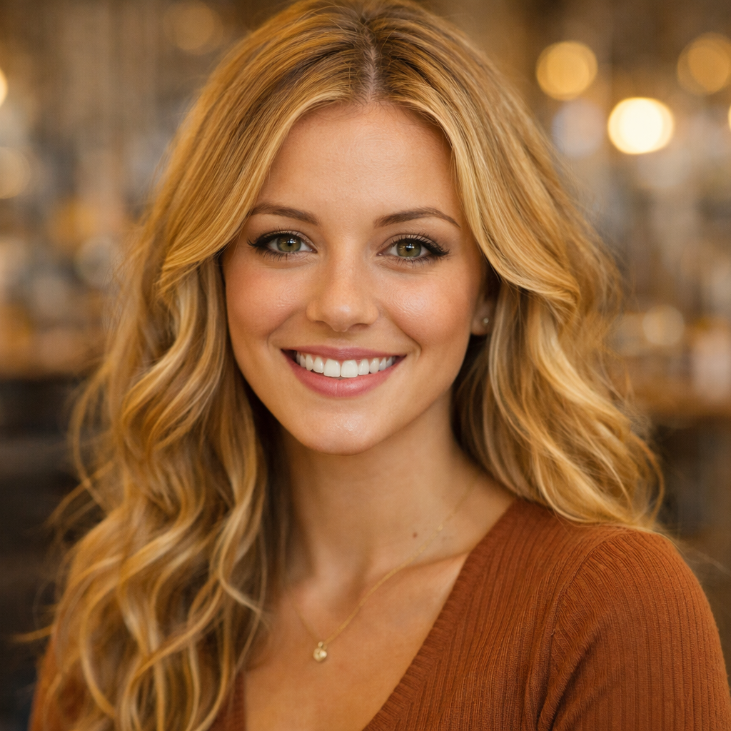 Close-up of a young woman with long blonde wavy hair, smiling, wearing a brown top and gold jewelry in an indoor setting with warm lighting.