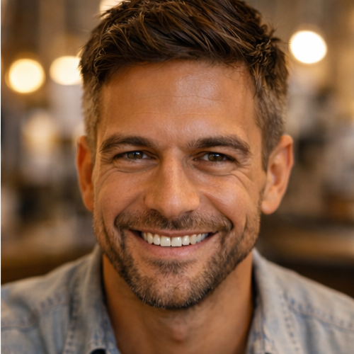 Close-up of a smiling man with short brown hair and a beard in a warmly lit indoor setting.