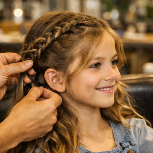 A young girl with curly red hair receiving a braided hairstyle at a salon.