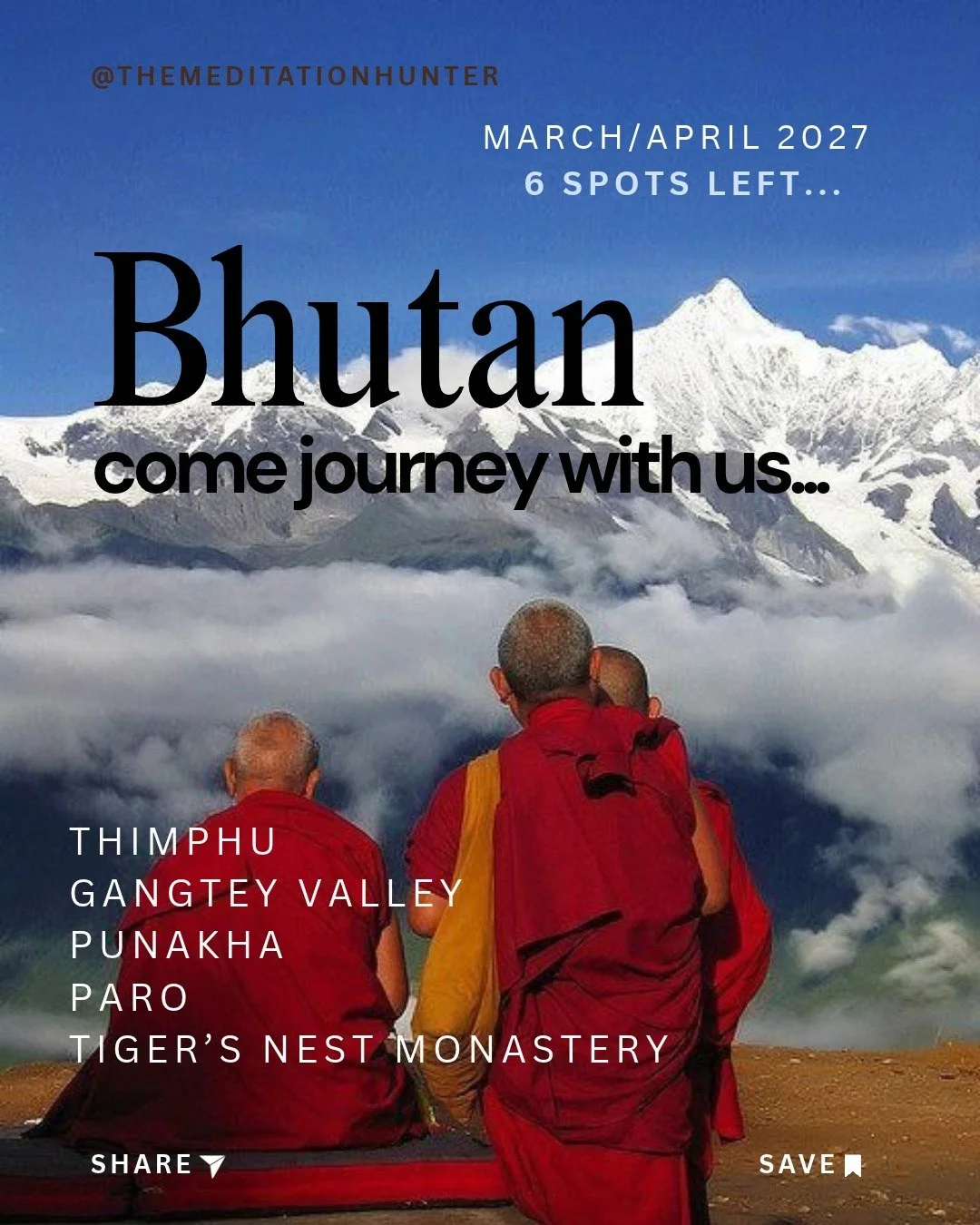 In late March 2027 we head to the mysterious world of Bhutan.  Flying in through the Himalayas, a flight path that only very few worldwide are allowed to pilot.  An 8 night journey through valleys and mountains, through this Himalayan Kingdom where a