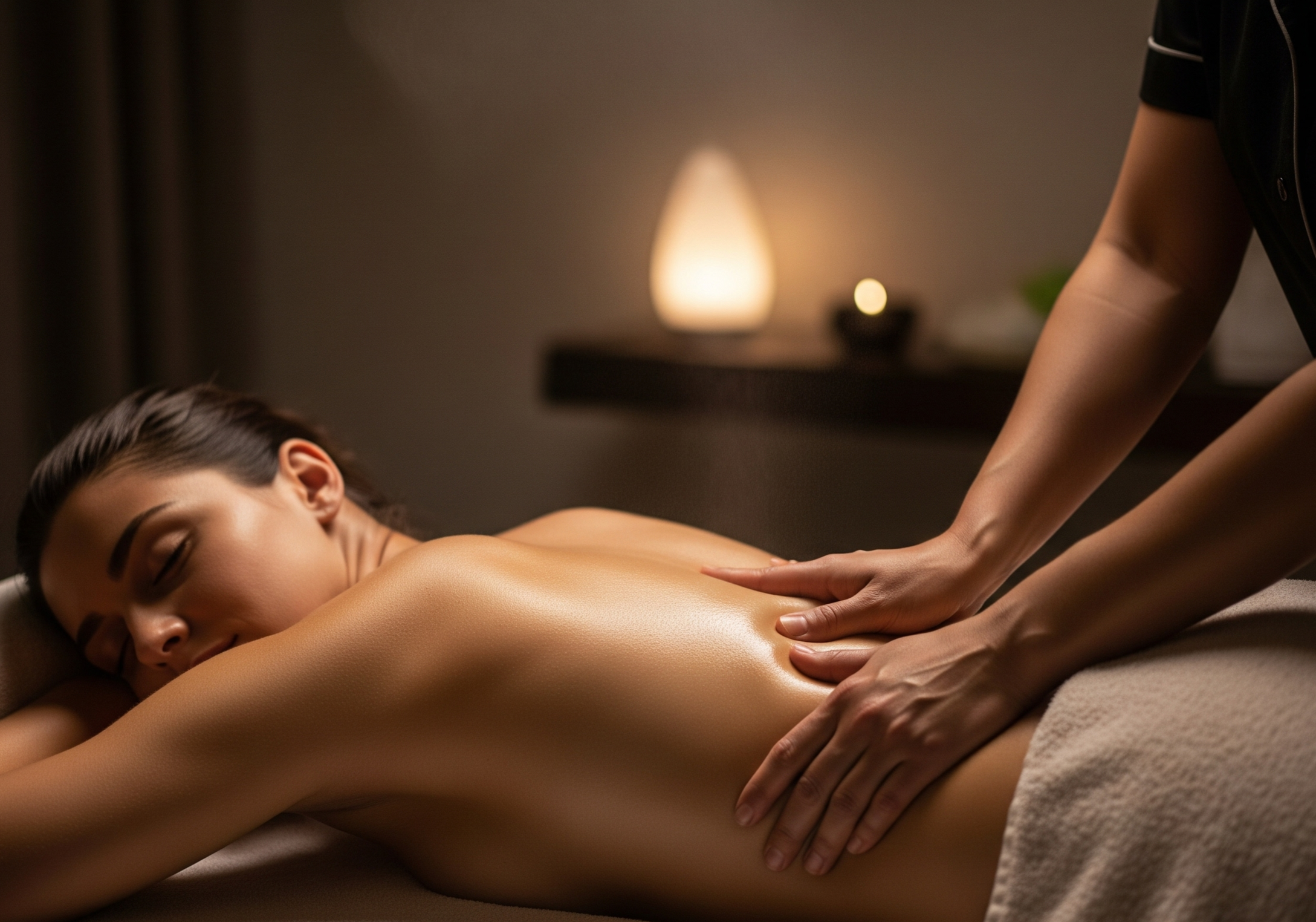 Female Client laying on the massage table appearing fully relaxed and with a serene expression on her face, while Massage Therapists applies purposeful pressure on the Client's lower back