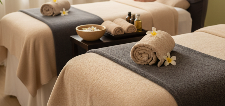 Image features a serene setting with two massage beds side-by-side, subtle lighting, and a calming color palette that aligns with the established website. The "Couples Massage" title is prominent, and the call-to-action is clearly visible at the b