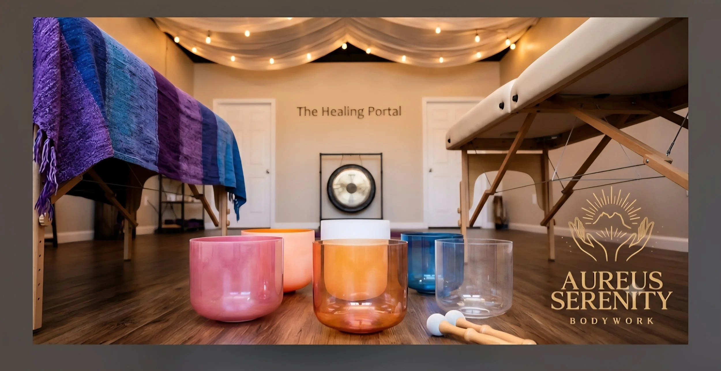 A calming holistic studio room for "Aureus Serenity Bodywork" and the Healing portal. The scene feautures two professional tables, several crystal singing bowls on a wood floor, a large gong, and overhead string lights.