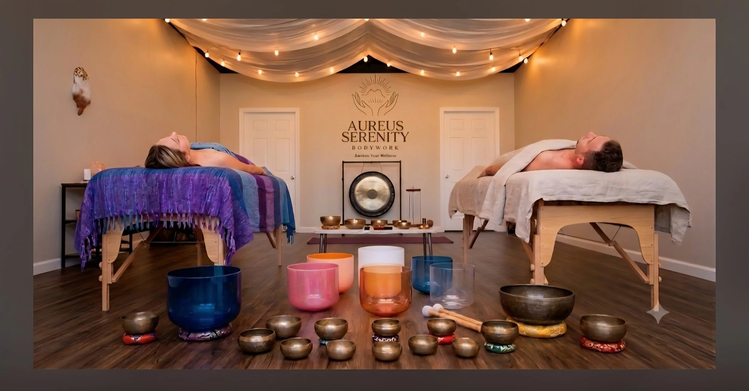 A man and woman lying on massage tables draped in towels in a warmly lit wellness room with singing bowls in the foreground and the logo "AUREUS SERENITY BODYWORK" on the wall.