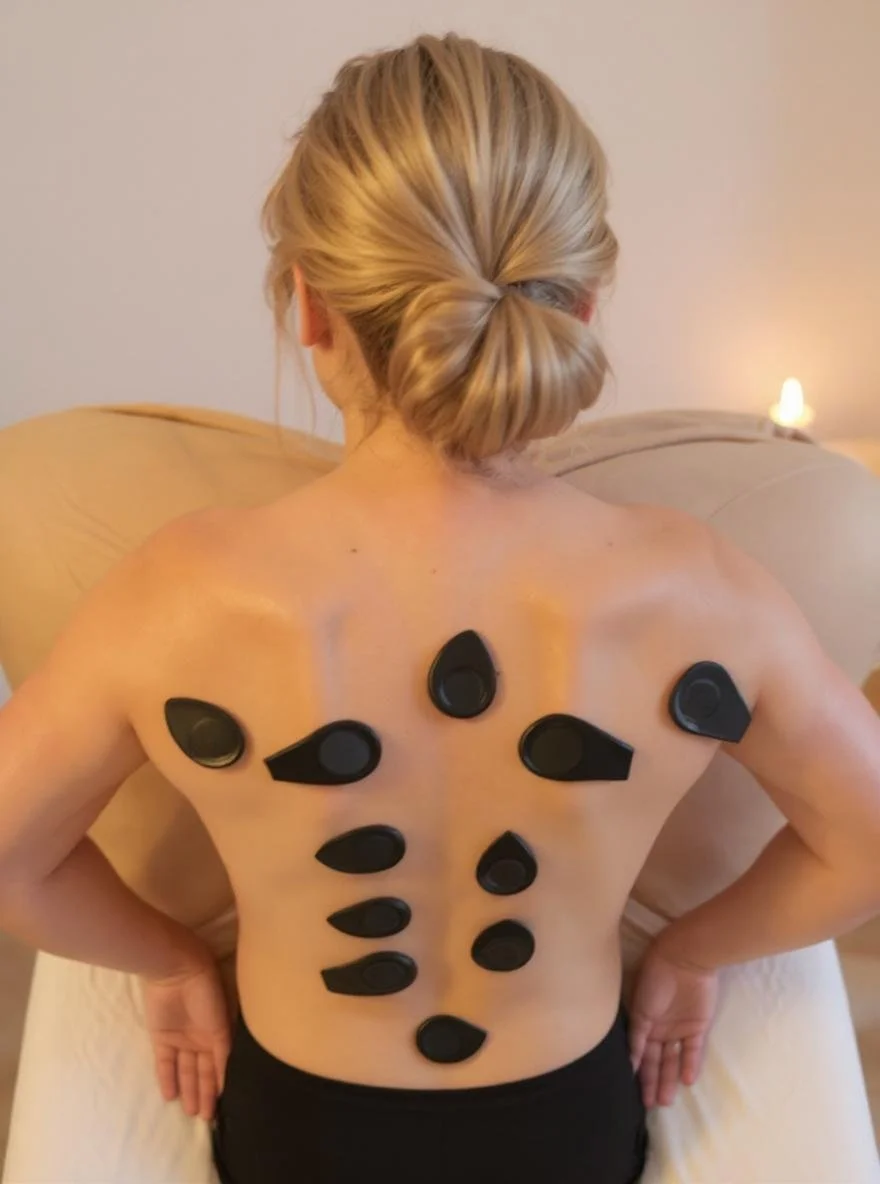 Client is laying on a massage table facing down with the back is exposed and magnets placed throughout the back section, while massage therapists simultaneously complete a full body massage