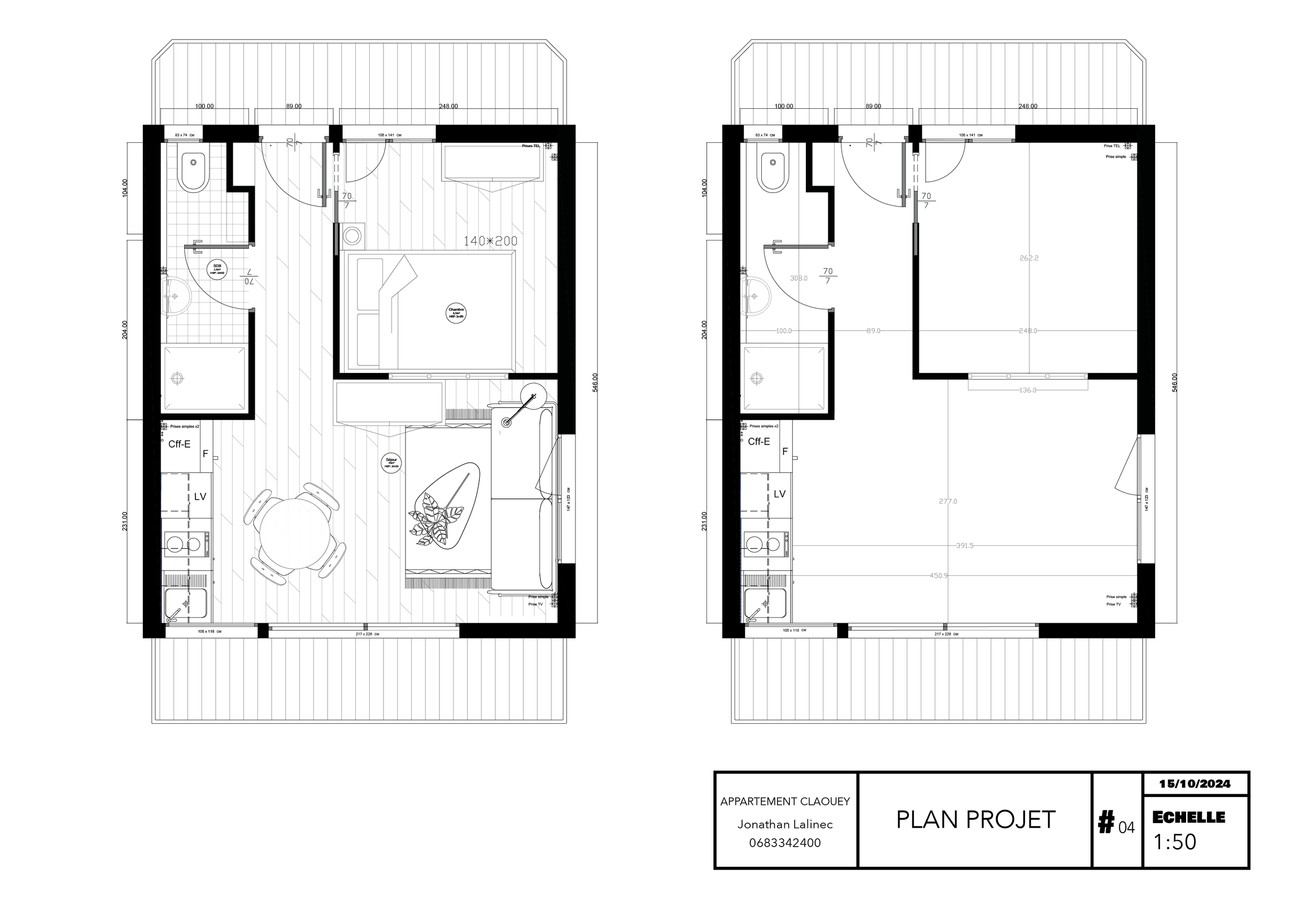 Plan d'architecture d'un appartement avec deux niveaux, comprenant une salle de bain, une cuisine, un salon avec table et chaises, une chambre, et un espace ouvert au deuxième étage, avec des dimensions et des détails techniques.