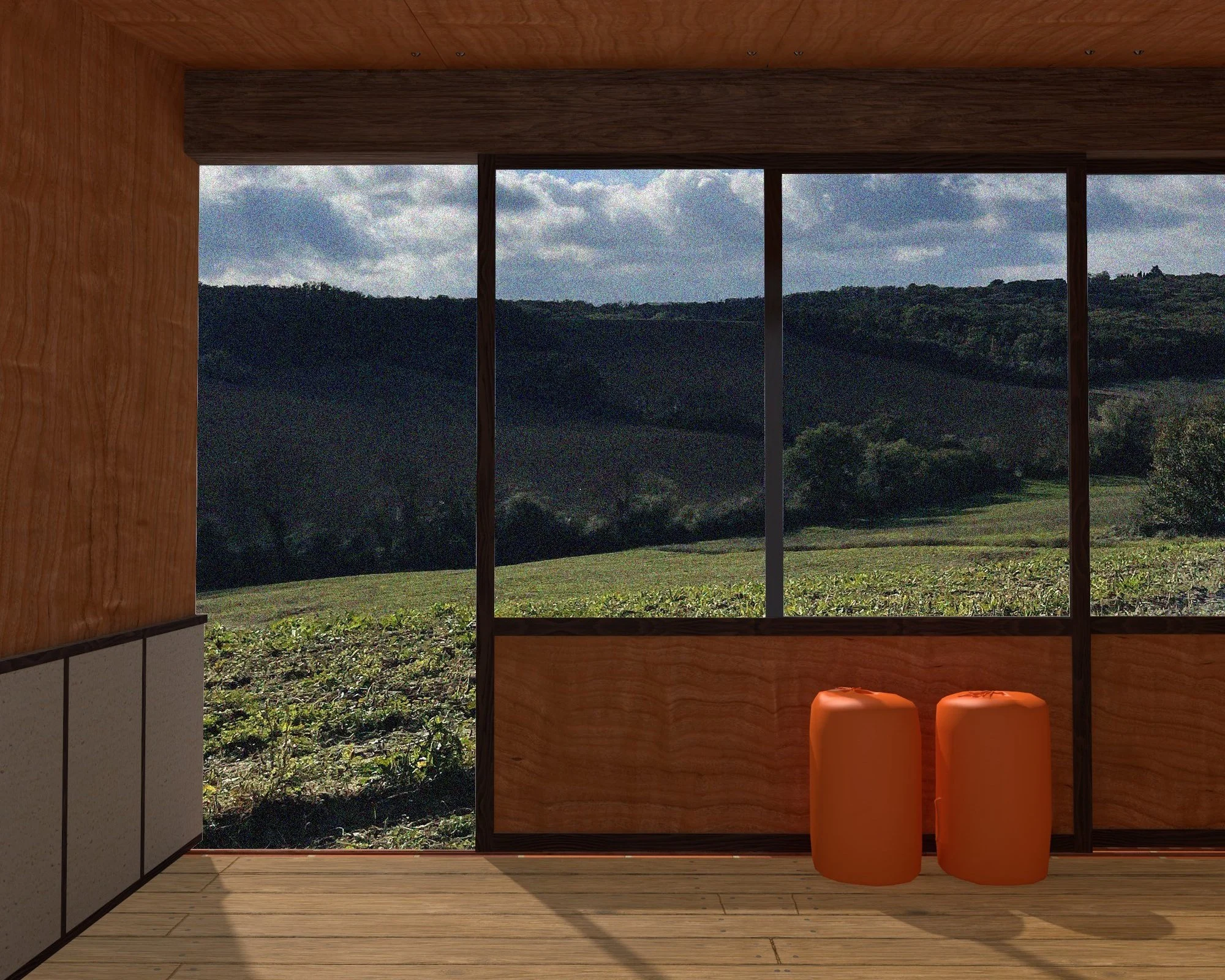 Intérieur d'une pièce avec vue sur un paysage vallonné avec des arbres, à travers de grandes fenêtres en verre. Le sol est en bois clair, et il y a deux tabourets orange près de la fenêtre.