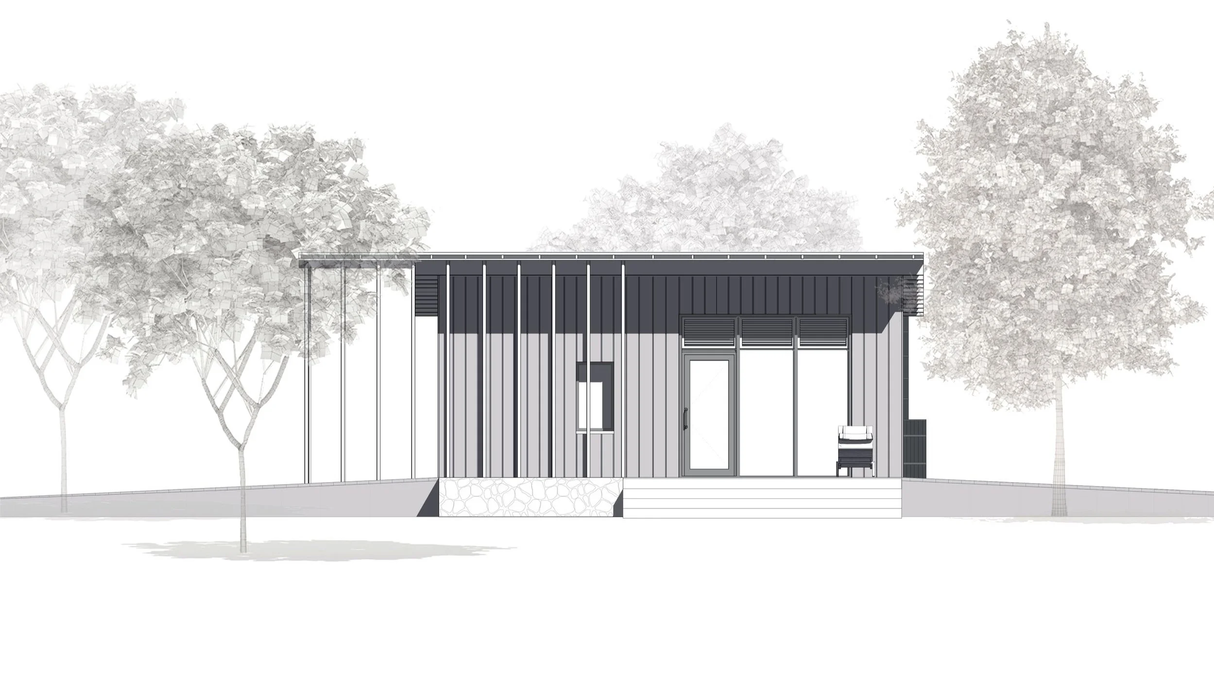 Plan architectural d'une maison moderne avec un extérieur minimaliste, arbres en arrière-plan, et une terrasse avec marches.