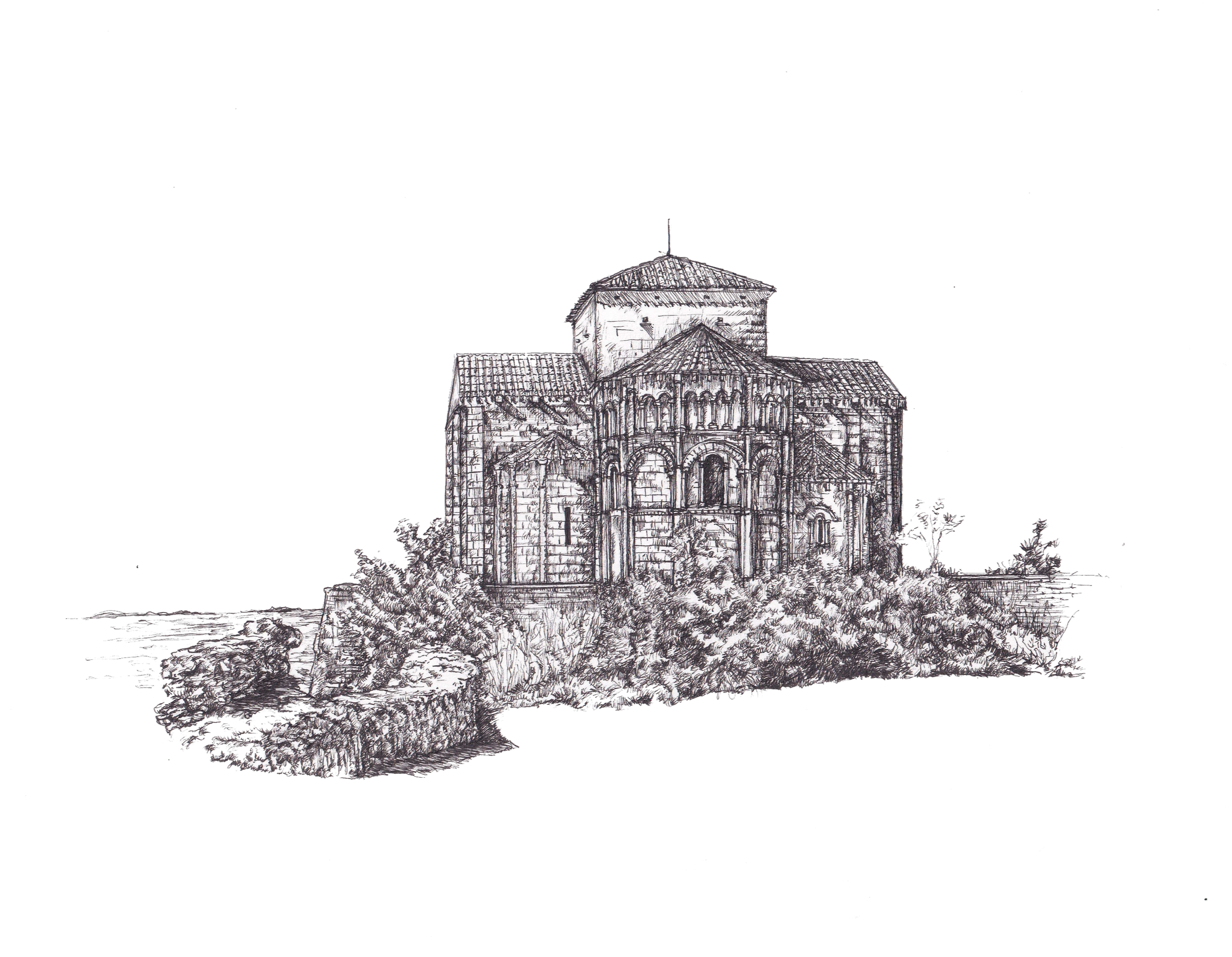 Croquis d'une église romane en pierre entourée de végétation.
