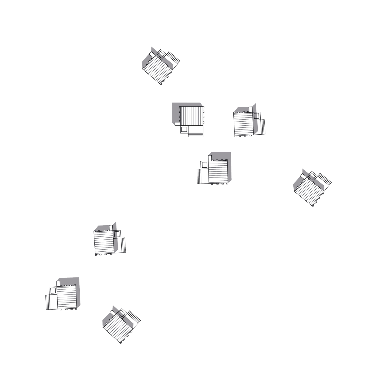 Plan en perspective de plusieurs maisons vues du dessus dans un espace noir.