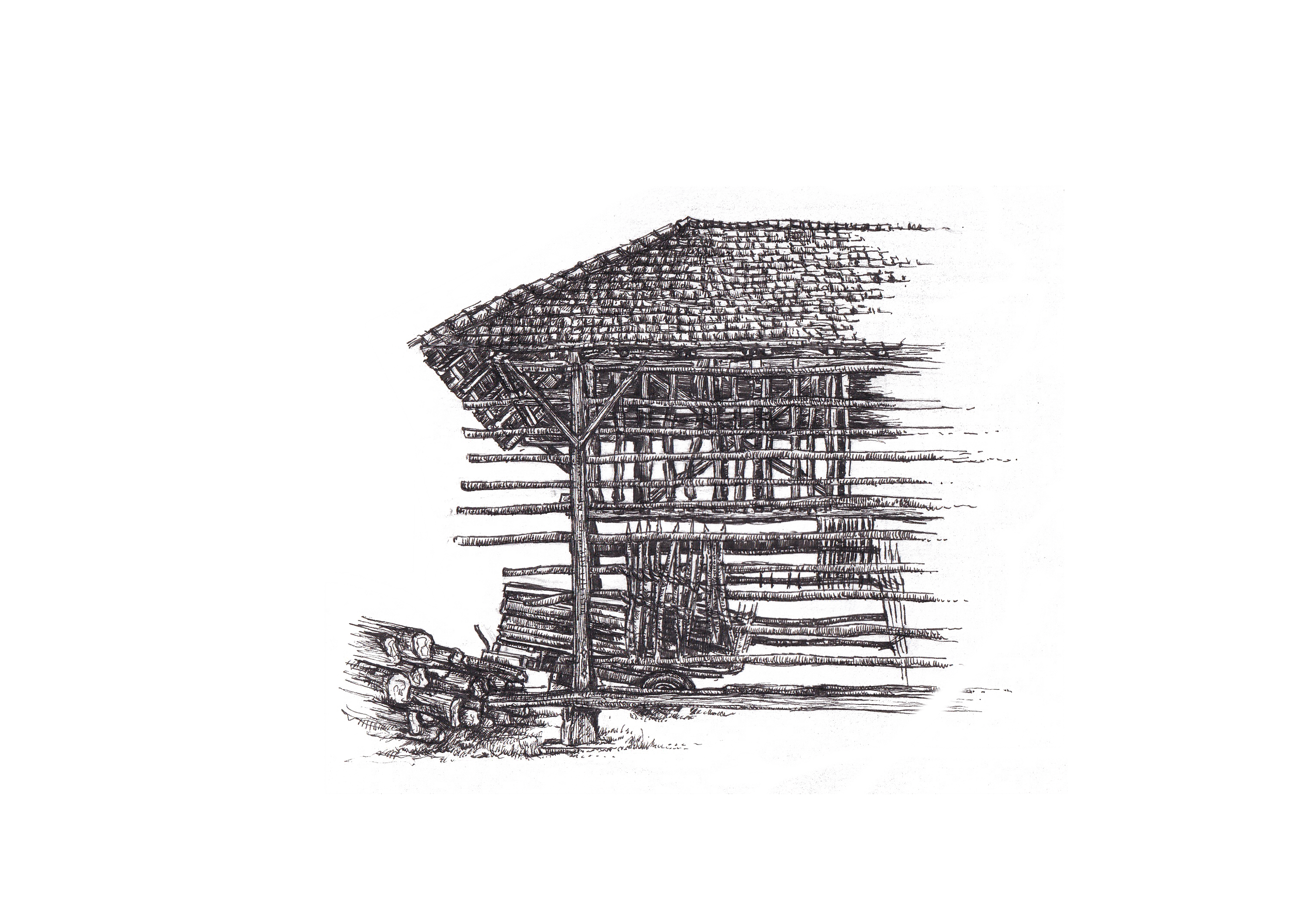 Croquis d'une cabane en bois avec un toit en tuiles, une pile de bois à côté et un fond noir.